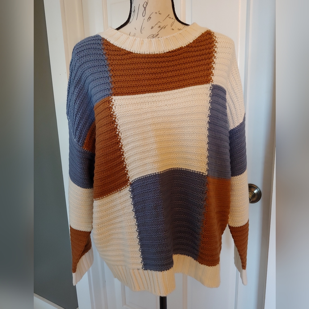 Colorblock Sweater - Cream, Blue, and Brown Sz L NWOT